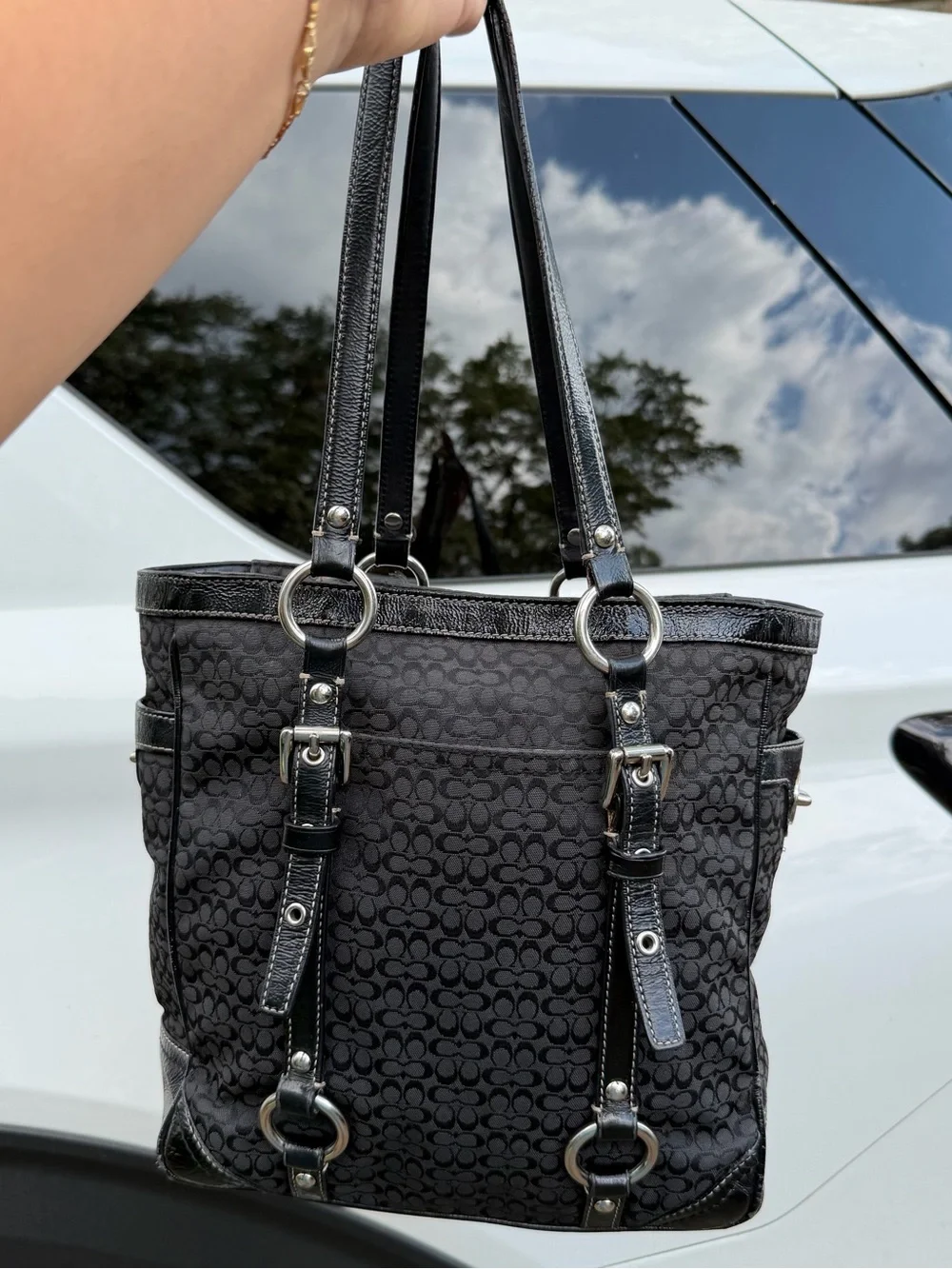 Coach Black Signature Canvas Shoulder Tote with Red Cherry Charm